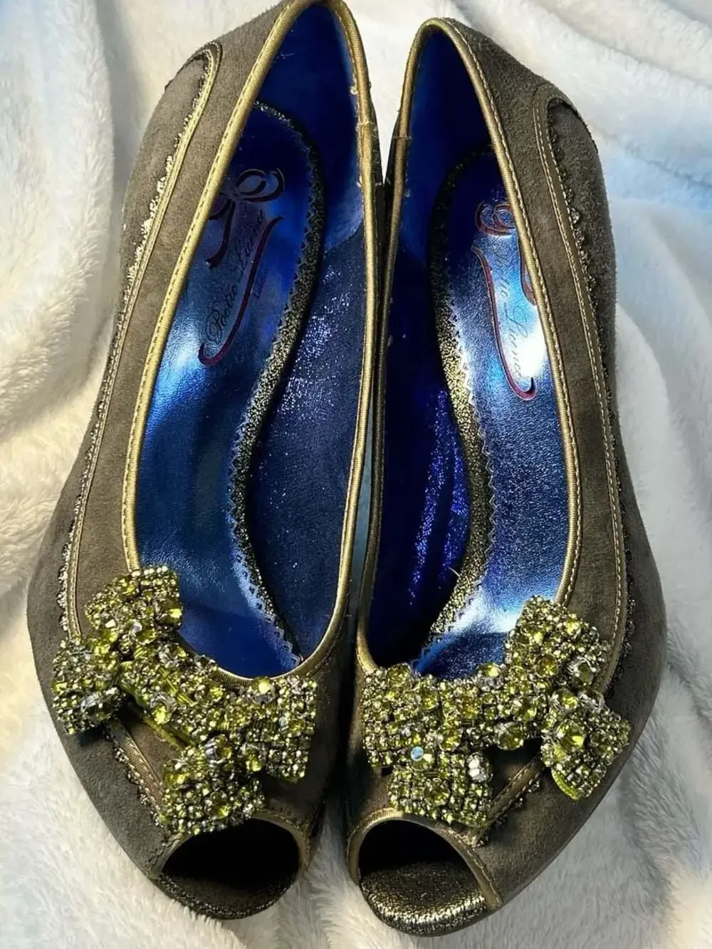 New Poetic Licence London Suede Peep Toe Pumps with Rhinestone Bow Embellishment
